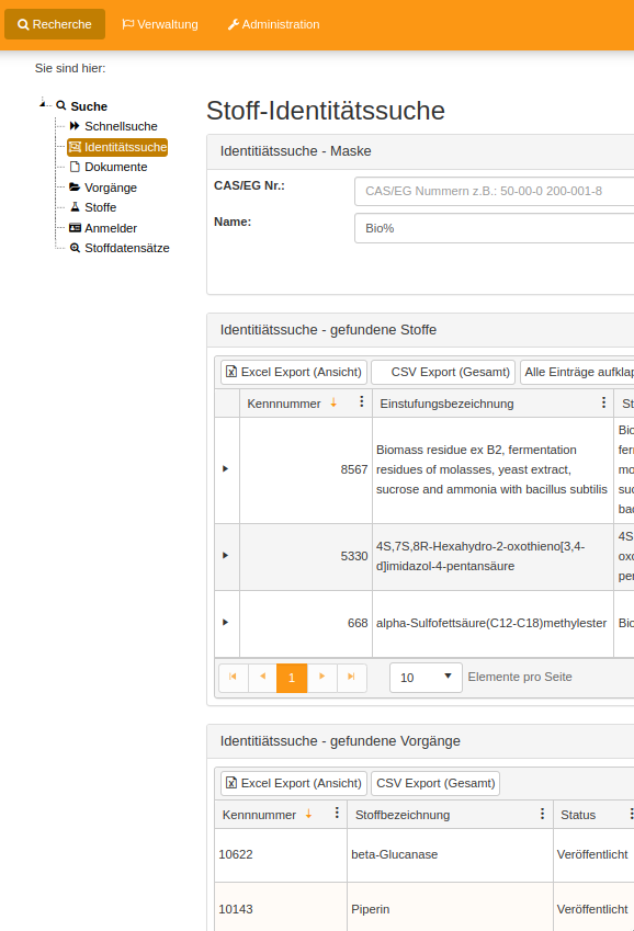 Search module for identity of a substance